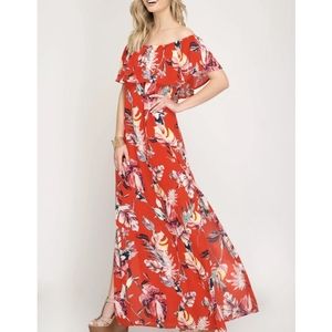 She and Sky Off the Shoulder Floral Bohemian Maxi Burnt Orange Dress Small